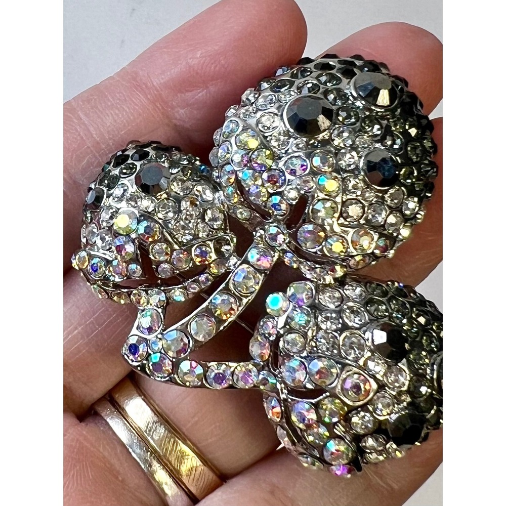 Silver Tone AB Rhinestone Acorn Berry Brooch Iridescent Smoky Crystal Cluster